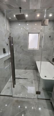 Bathroom, Free Standing Baths, Glass Shower, Interior, Marble Walls, Recessed Lighting