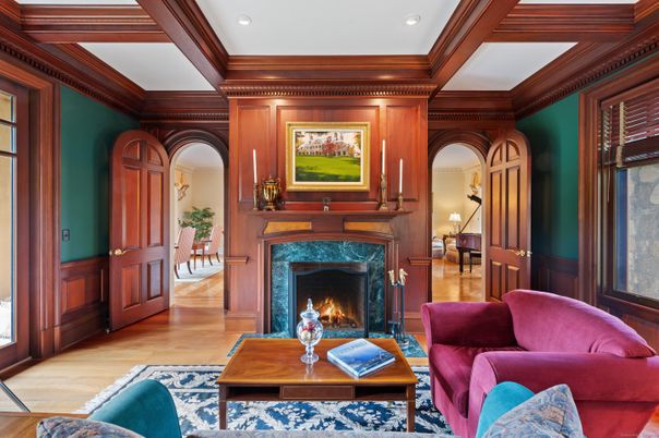 Fireplace, Interior, Living room, Recessed Lighting, Wood Texture Flooring, Wooden Walls