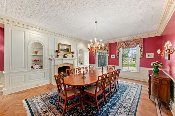 Chandelier, Dining room, Fireplace, Interior, Recessed Lighting, Wood Texture Flooring
