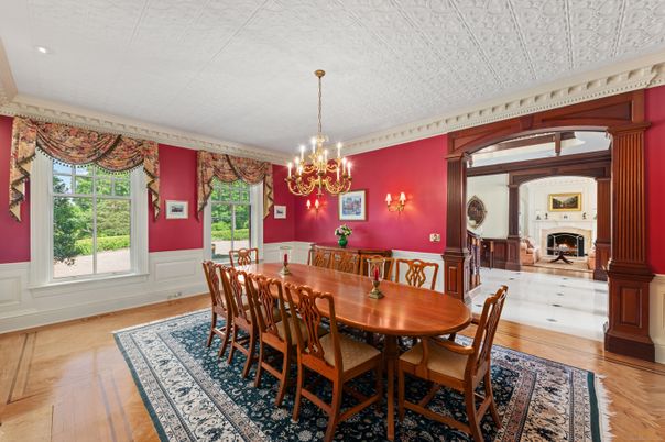 Chandelier, Dining room, Fireplace, Interior, Recessed Lighting, Wood Texture Flooring
