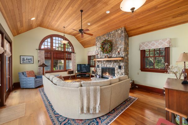Fireplace, Interior, Living room, Recessed Lighting, Stone Walls, Wooden Ceilings, Wood Texture Flooring