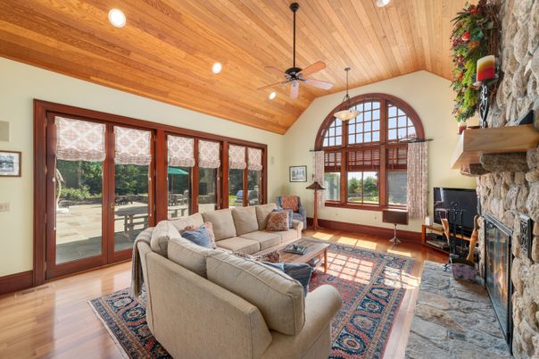 Fireplace, Interior, Living room, Pendant Lights, Recessed Lighting, Wooden Ceilings, Wood Texture Flooring