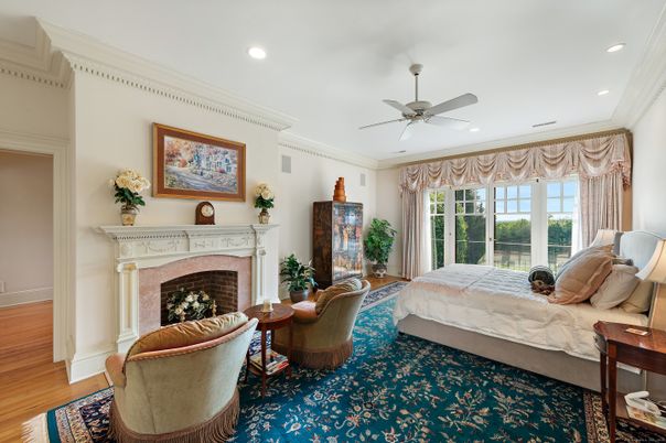 Bedroom, Fireplace, Interior, Recessed Lighting, Wood Texture Flooring