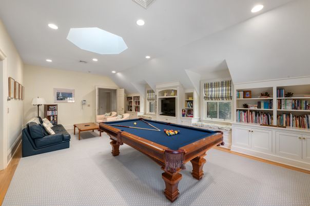 Billiard Table, Game Room, Interior, Recessed Lighting, Wood Texture Flooring