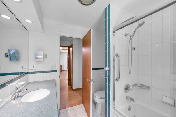 Bathroom, Glass Shower, Interior, Recessed Lighting, Wood Texture Flooring
