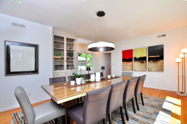 Dining room, Interior, Pendant Lights, Wood Texture Flooring