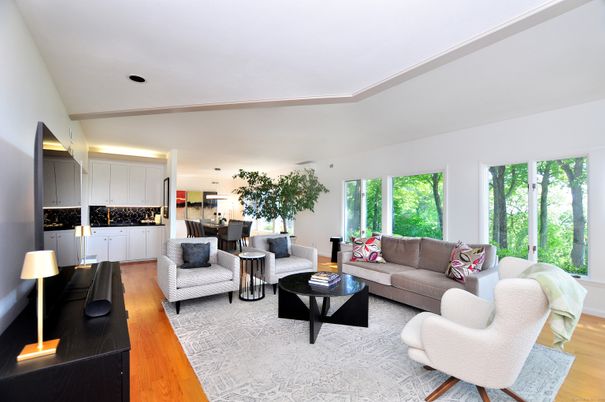 Dining room, Interior, Living room, Pendant Lights, Wood Texture Flooring