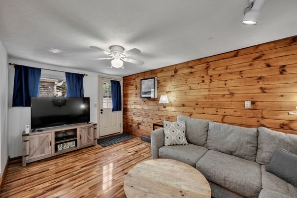 Interior, Living room, Recessed Lighting, Wood Texture Flooring, Wooden Walls
