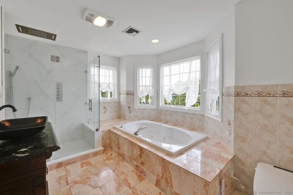 Bathroom, Glass Shower, Interior, Marble Walls, Recessed Lighting