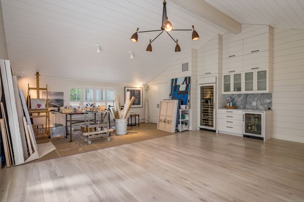 Dining room, Fireplace, Interior, Pendant Lights, Wood Texture Flooring