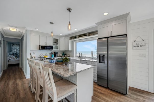 Interior, Kitchen, Pendant Lights, Recessed Lighting, Stainless Steel Appliances, Water, Wood Texture Flooring