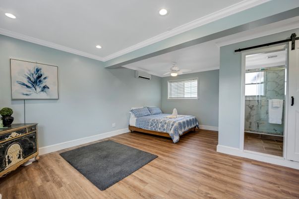 Bedroom, Interior, Recessed Lighting, Wood Texture Flooring