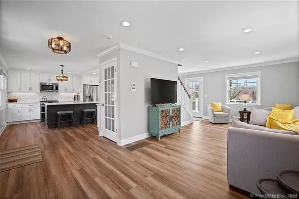 Interior, Kitchen, Living room, Recessed Lighting, Stainless Steel Appliances, Wood Texture Flooring