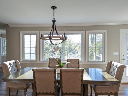 Dining room, Interior, Pendant Lights, Wood Texture Flooring