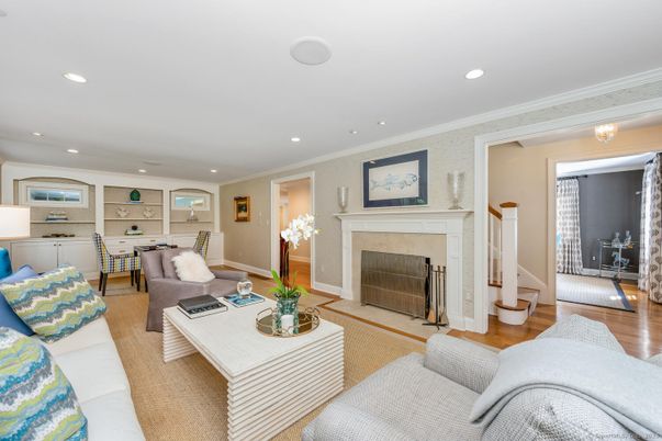 Fireplace, Interior, Living room, Recessed Lighting, Wood Texture Flooring