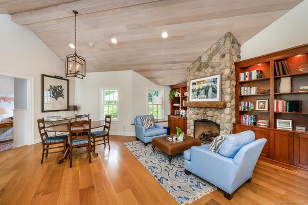 Dining room, Fireplace, Interior, Living room, Pendant Lights, Recessed Lighting, Stone Walls, Wooden Ceilings, Wood Texture Flooring