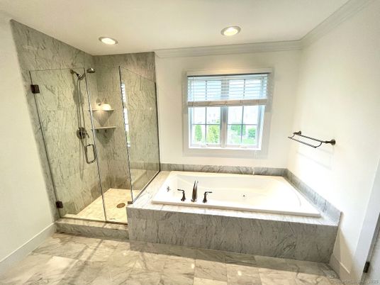 Bathroom, Glass Shower, Interior, Marble, Marble Walls, Recessed Lighting