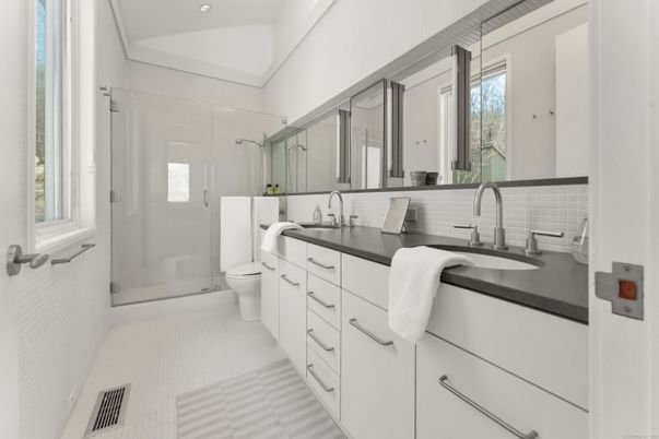 Bathroom, Dual Sink Vanities, Glass Shower, Interior, Recessed Lighting