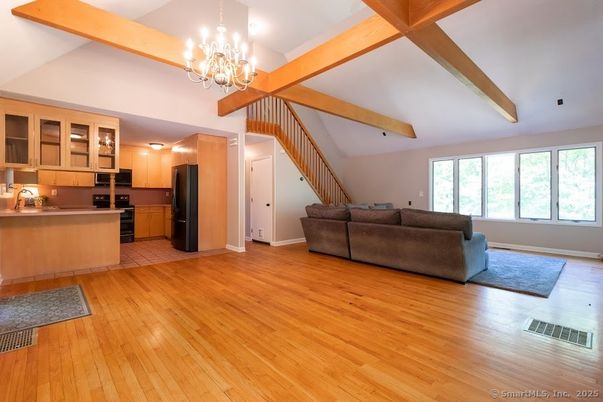 Chandelier, Interior, Kitchen, Living room, Wooden Beams, Wood Texture Flooring