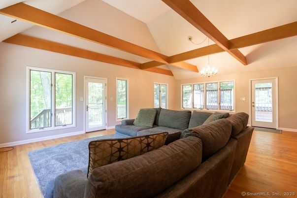 Chandelier, Interior, Living room, Wooden Beams, Wood Texture Flooring
