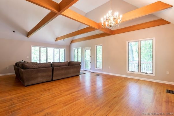Chandelier, Empty room, Interior, Wooden Beams, Wood Texture Flooring