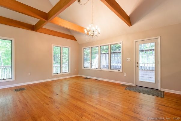 Chandelier, Empty room, Interior, Wooden Beams, Wood Texture Flooring