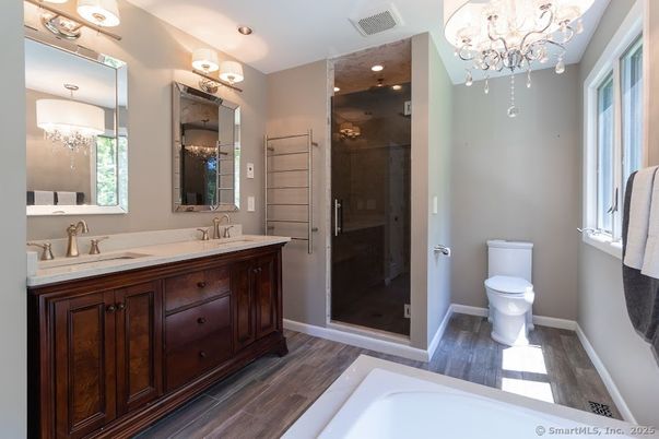 Bathroom, Chandelier, Dual Sink Vanities, Glass Shower, Interior, Recessed Lighting, Wood Texture Flooring
