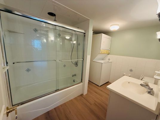 Bathroom, Glass Shower, Interior, Wood Texture Flooring