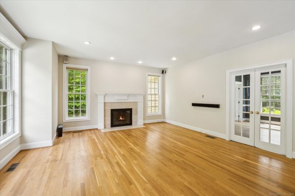 Empty room, Fireplace, Interior, Recessed Lighting, Wood Texture Flooring