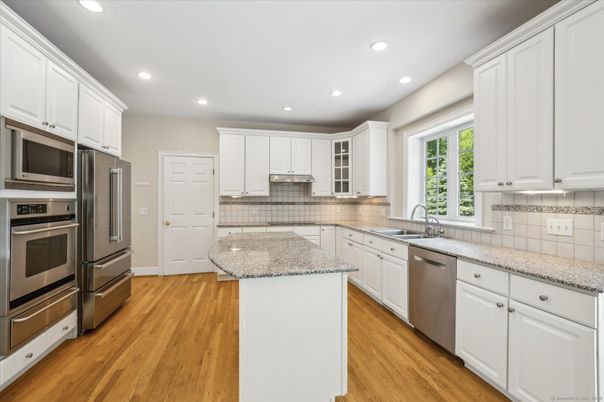 Interior, Kitchen, Recessed Lighting, Stainless Steel Appliances, Wood Texture Flooring