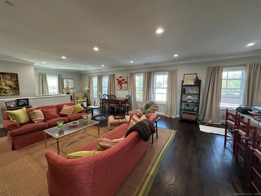 Dining room, Interior, Living room, Recessed Lighting, Wood Texture Flooring