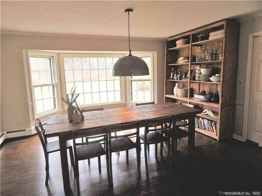 Dining room, Interior, Pendant Lights, Wood Texture Flooring