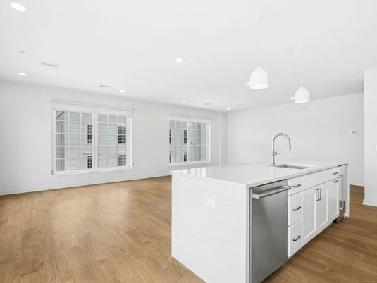 Empty room, Interior, Kitchen, Pendant Lights, Recessed Lighting, Wood Texture Flooring