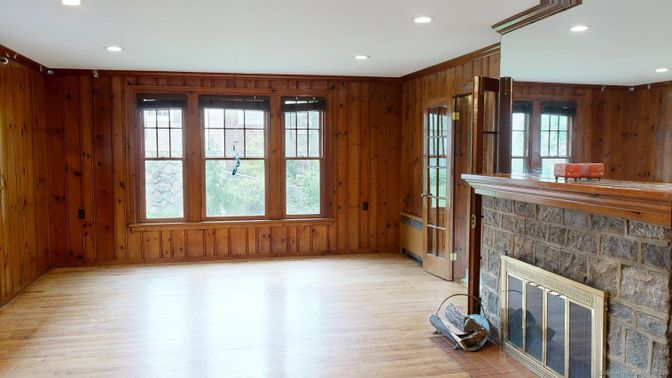 Empty room, Fireplace, Interior, Recessed Lighting, Wood Texture Flooring, Wooden Walls