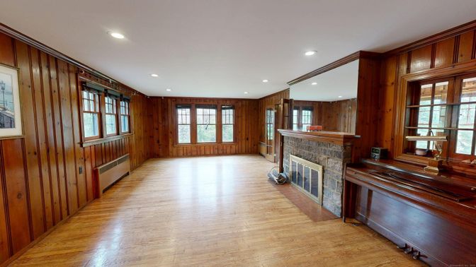 Empty room, Fireplace, Interior, Recessed Lighting, Wood Texture Flooring, Wooden Walls