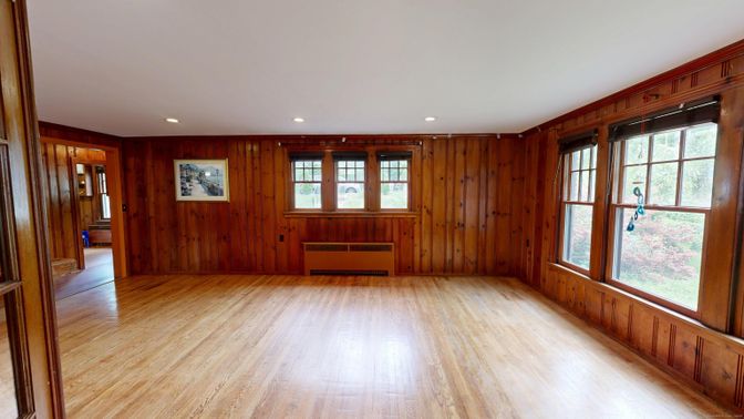 Empty room, Interior, Recessed Lighting, Wood Texture Flooring, Wooden Walls