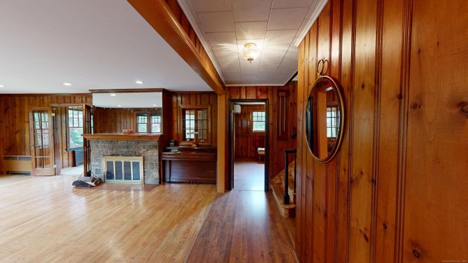 Fireplace, Interior, Recessed Lighting, Wood Texture Flooring, Wooden Walls