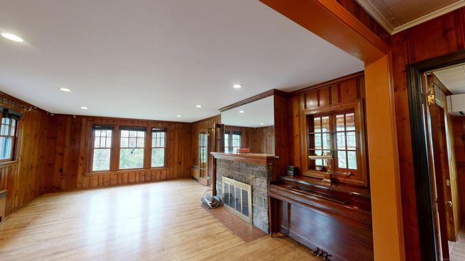 Empty room, Fireplace, Interior, Recessed Lighting, Wood Texture Flooring, Wooden Walls
