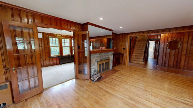 Empty room, Fireplace, Interior, Recessed Lighting, Wood Texture Flooring, Wooden Walls