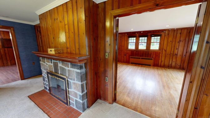 Empty room, Fireplace, Interior, Recessed Lighting, Wood Texture Flooring, Wooden Walls