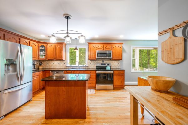 Interior, Kitchen, Pendant Lights, Recessed Lighting, Stainless Steel Appliances, Wood Texture Flooring