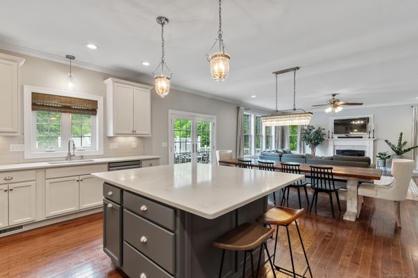 Dining room, Fireplace, Interior, Kitchen, Pendant Lights, Recessed Lighting, Wood Texture Flooring