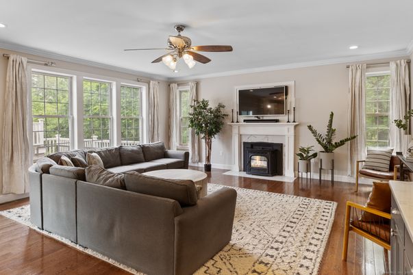 Fireplace, Interior, Living room, Recessed Lighting, Wood Texture Flooring
