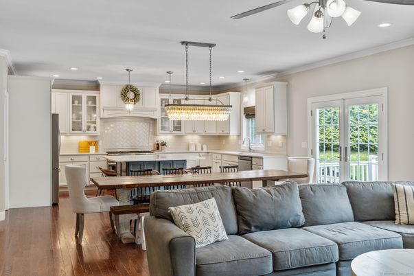 Chandelier, Dining room, Interior, Kitchen, Living room, Pendant Lights, Recessed Lighting, Wood Texture Flooring