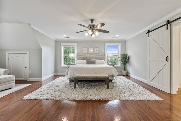 Bedroom, Interior, Recessed Lighting, Wood Texture Flooring