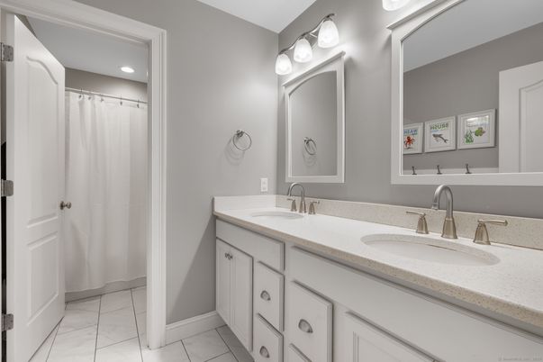 Bathroom, Dual Sink Vanities, Interior, Marble, Recessed Lighting