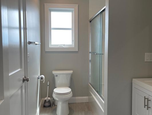 Bathroom, Glass Shower, Interior, Wood Texture Flooring