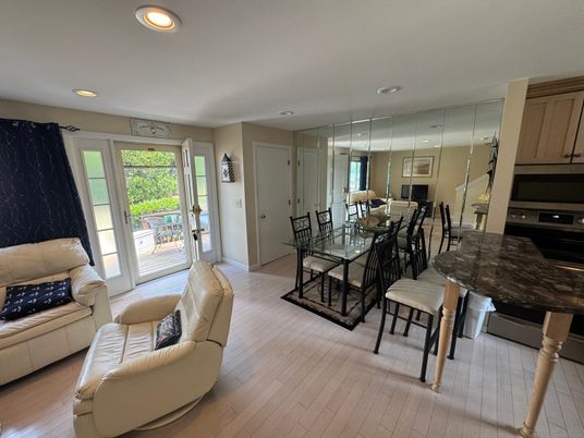 Dining room, Interior, Kitchen, Living room, Recessed Lighting, Wood Texture Flooring