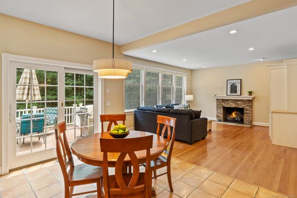 Dining room, Fireplace, Interior, Living room, Pendant Lights, Recessed Lighting, Wood Texture Flooring