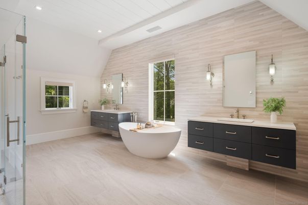 Bathroom, Dual Sink Vanities, Free Standing Baths, Interior, Pendant Lights, Recessed Lighting